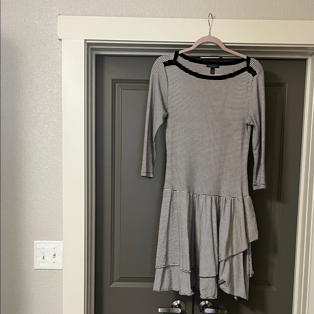 Ralph Lauren Black and White Striped Long-Sleeve Layered-Hem Dress